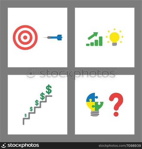 Vector icon concept set. Bulls eye and dart, slaes chart up with light bulb idea, dollars growing on stairs and light bulb puzzle with missing piece.