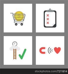 Vector icon concept set. Dollar money inside shopping cart, clipboard with x marks, reach clock on cloud, magnet attracting heart.