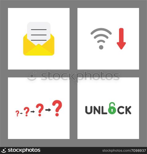 Vector icon concept set. Envelope with written paper, wifi low signal, question marks growing and unlock word with opened padlock.