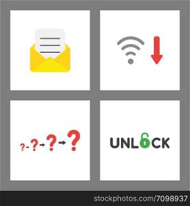 Vector icon concept set. Envelope with written paper, wifi low signal, question marks growing and unlock word with opened padlock.
