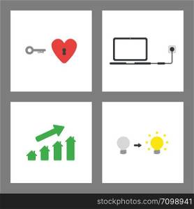 Vector icon concept set. Heart with key and keyhole, laptop charging, house chart up, grey and glowing light bulbs.