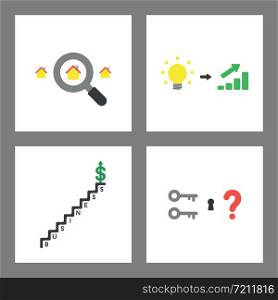 Vector icon concept set. Home searching, idea light bulb and increase sales, dollar up on top of business stairs, two keys and keyhole.