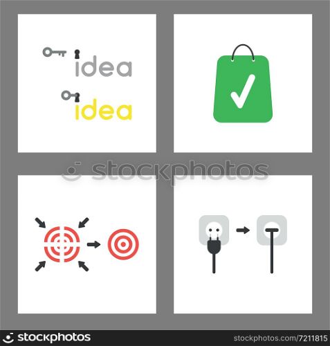 Vector icon concept set. Idea unlocked, shopping cart with check mark, bulls eye pieces connecting, plug plugged into outlet.