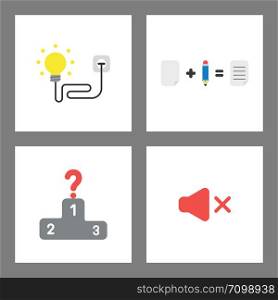 Vector icon concept set. Light bulb plugged into outlet, paper and pencil, qustion mark at first place of winners podium, sound off symbol.