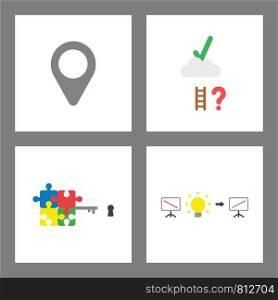 Vector icon concept set. Map pointer, reach check mark on cloud, puzzle key, sales chart down, idea and up.
