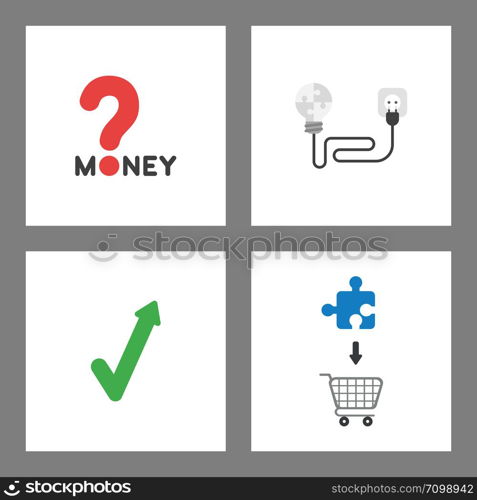 Vector icon concept set. Money word with question mark, puzzle light bulb with cable, outlet and plug, check mark arrow up, puzzle piece into shopping cart.