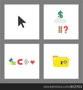Vector icon concept set. Mouse cursor, reach dollar on cloud, magnet attracting missing puzzle and unlocking folder.