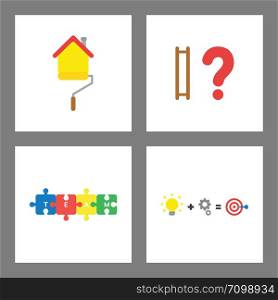 Vector icon concept set. Painting house, ladder missing steps, connected puzzle pieces, idea, work and success, hit the target.