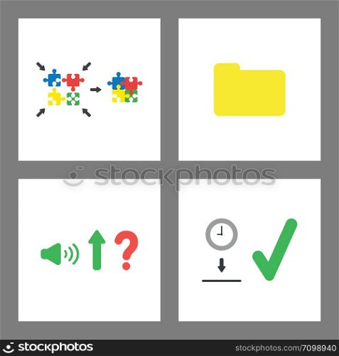 Vector icon concept set. Puzzle pieces connecting, closed folder, sound up and clock into moneybox hole.