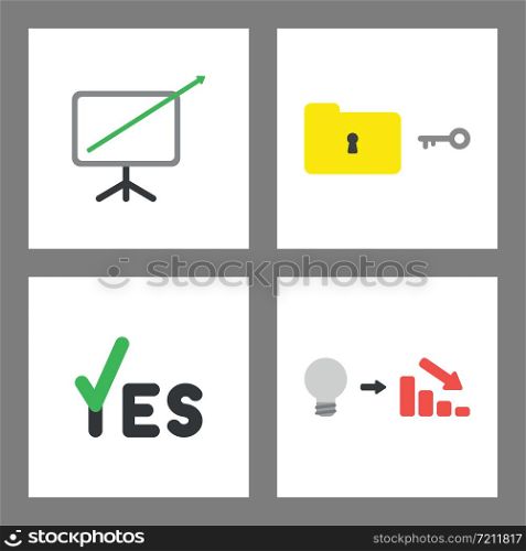 Vector icon concept set. Sales arrow moving out of chart, unlock or lock folder, yes with check mark, bad idea and decrease in sales.