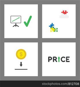 Vector icon concept set. Sales chart up, missing puzzle on cloud, save money, price up.