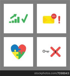 Vector icon concept set. Sales chart up, spam emails, heart puzzle, solution key to x mark.