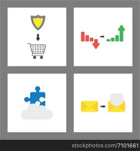 Vector icon concept set. Shield into shopping cart, sales chart arrow down and up, puzzle piece on cloud, closed and opened envelope with blank paper.