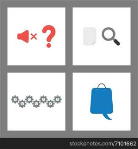 Vector icon concept set. Sound off, blank paper and magnifying glass, success gears, shopping bag with speech bubble.