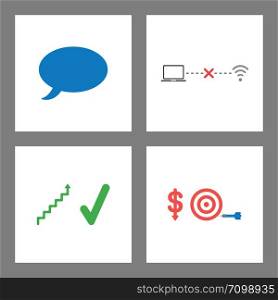 Vector icon concept set. Speech bubble, wifi connection problem, stairs up and dart miss the target and dollar down.