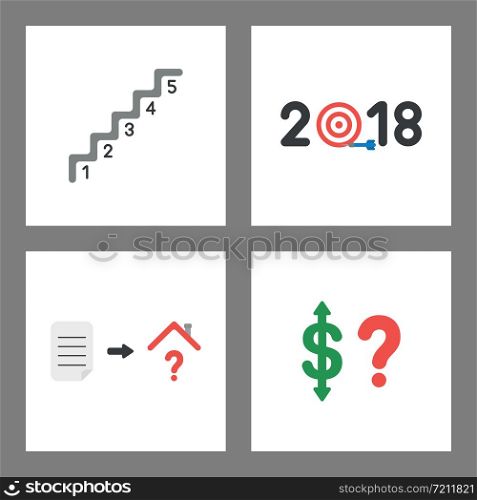 Vector icon concept set. Stairs with numbers, 2018 and bulls eye dart miss the target, written paper and house with question mark, dollar up and down with question mark.