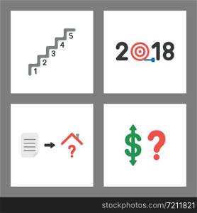 Vector icon concept set. Stairs with numbers, 2018 and bulls eye dart miss the target, written paper and house with question mark, dollar up and down with question mark.