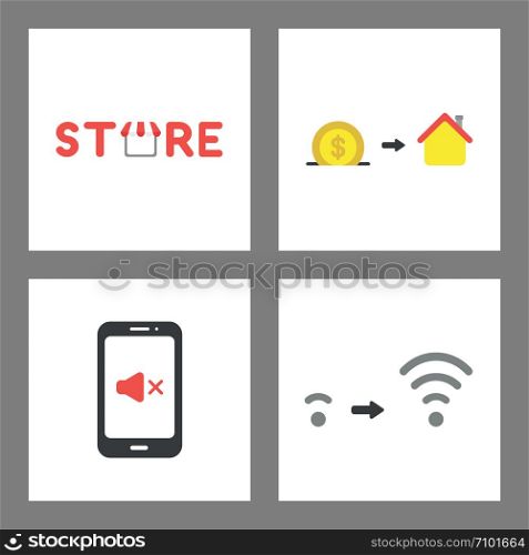 Vector icon concept set. Store, save money and buy house, smartphone sound off, wifi signal increase.
