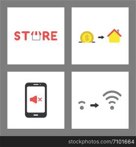 Vector icon concept set. Store, save money and buy house, smartphone sound off, wifi signal increase.