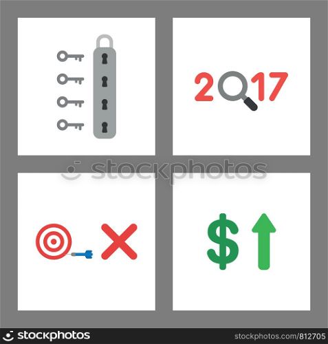 Vector icon concept set. Unlock padlock, 2017 with magnifying glass, bulls eye, miss the target, dollar up.