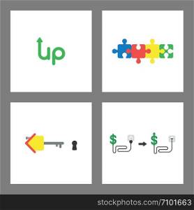 Vector icon concept set. Up word with arrow up, connected puzzle pieces, house key and keyhole, dollar with cable, plug and plugged into outlet and arrow moving up.