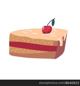 vector Icon fruit biscuit cake with cherry.Piece of layered chocolate cake with maraschino cherry. Hand drawn cake slice isolated illustration. vector Icon fruit biscuit cake with cherry.Piece of layered chocolate cake with maraschino cherry. Hand drawn cake slice isolated illustration.