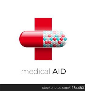 Vector icon medical aid. Cross with pill