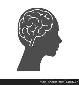 Vector icon of a female head with a brain. The silhouette is isolated on a white background. Simple design