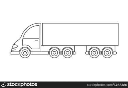 Vector icon of a tractor with a trailer. Simple design, an empty outline isolated on a white background. Design for coloring books, websites, and apps