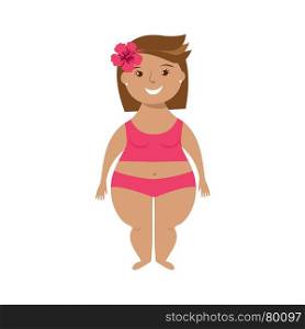 Vector icon of body positive woman. Vector icon of body positive young girl in swimsuite. Overweight smiling friendly happy woman isolated on white background