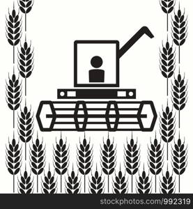 vector icon of combine harvester and wheat ears, black and white agricultural background, machinery farm harvest industry