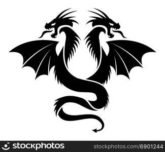 vector icon of flying two headed dragon, black and white logo illustration, chinese art