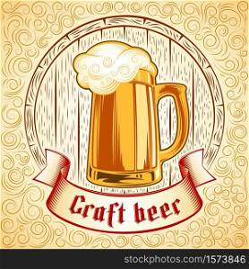 Vector icon of glass mug with craft beer ale on the background of wooden barrel. Gothic lettering on the ribbon. Vector print from ink hand drawing stamp in vintage retro style. Yellow swirl version