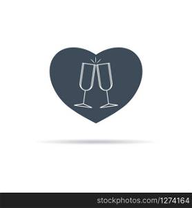 Vector icon of glasses of wine at a meeting of lovers. Glasses in heart.