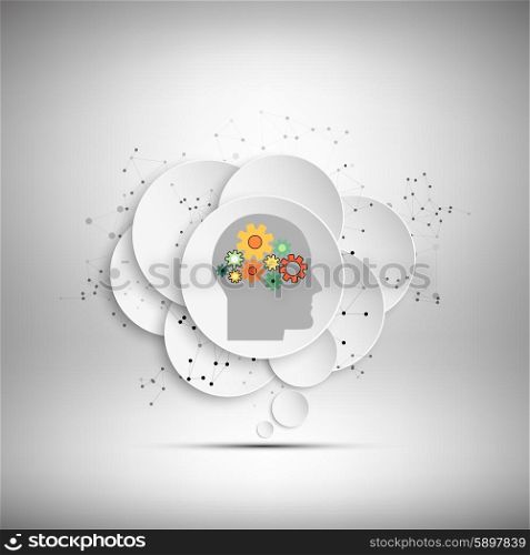 Vector icon of human head with gears. Vector icon of human head with gears. Concept of human thinking.