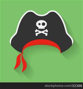 Vector Icon of Pirate Hat with a Jolly Roger symbol. Filibuster, corsair headdress with sign, emblem of crossed bones or crossbones and skull.. Vector illustration