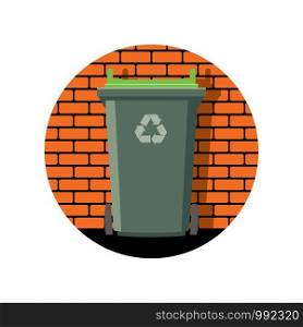 vector icon of recycling wheelie bin against the background of a brick wall, garbage can recycle icon, container with symbol of recycling to protect environment from pollution