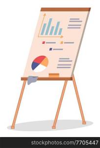 Vector icon of wooden flipchart with diagram or pie chart, graphs, data, chart, infographics. Business presentation at board. Report screen with statistics, business strategies, financial plan. Vector icon of wooden flipchart with diagram or pie chart, graphs, data, chart, infographics