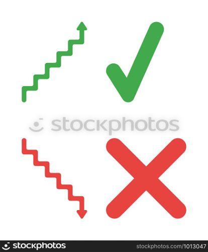 Vector icon set of arrow stairs moving up and mocing down with check mark and x mark. Flat color style.