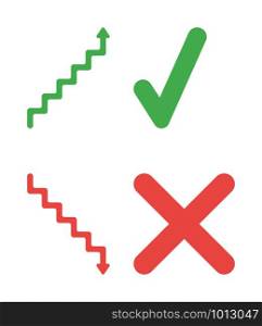 Vector icon set of arrow stairs moving up and mocing down with check mark and x mark. Flat color style.