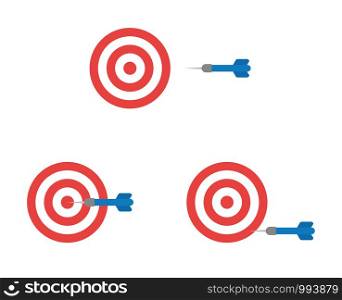 Vector icon set of bulls eye and dart, hit and miss the target. Flat color style.