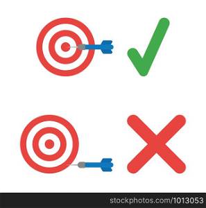 Vector icon set of bulls eye. Hit the target and miss the target with check mark and x mark. Flat color style.