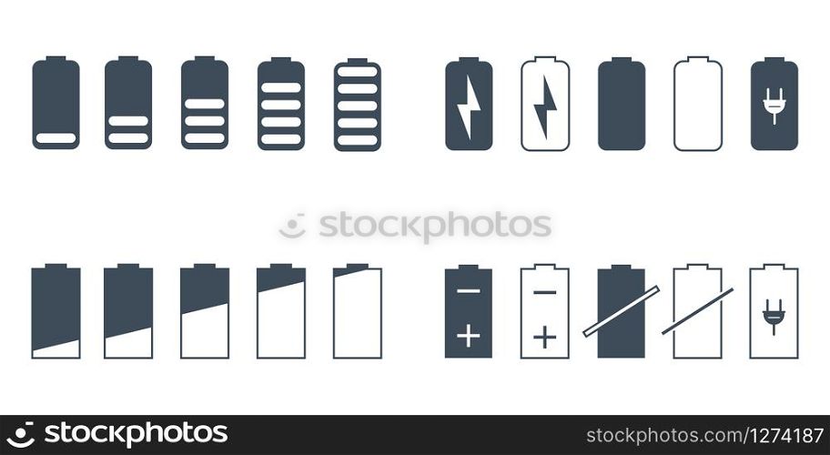 vector icon set of charged and uncharged batteries
