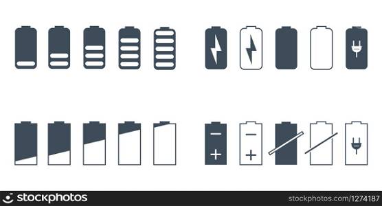 vector icon set of charged and uncharged batteries