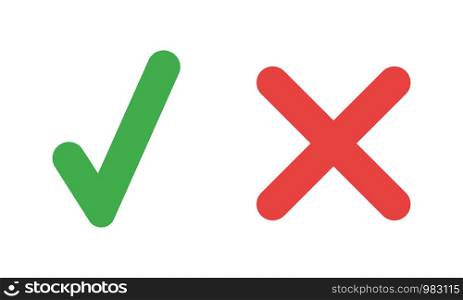Vector icon set of check mark and x mark. Flat color style.