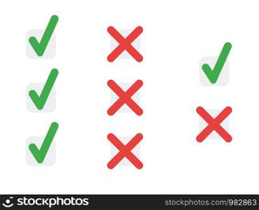 Vector icon set of check marks and x marks. Flat color style.