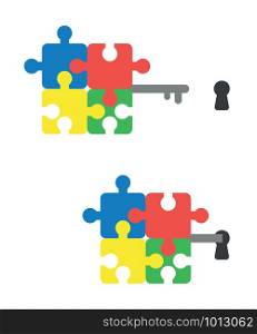 Vector icon set of connected puzzle pieces key and keyhole. Flat color style.