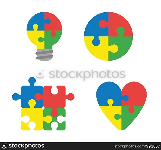 Vector icon set of connected puzzle pieces shaped light bulb, circle, square and heart. Flat color style.