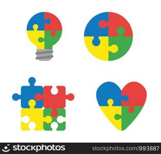 Vector icon set of connected puzzle pieces shaped light bulb, circle, square and heart. Flat color style.