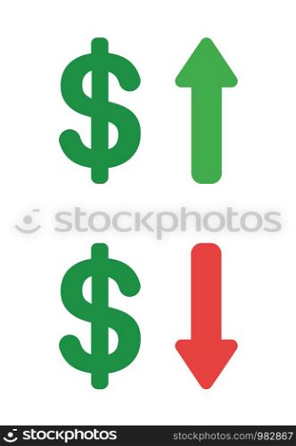 Vector icon set of dollar up and down. Flat color style.